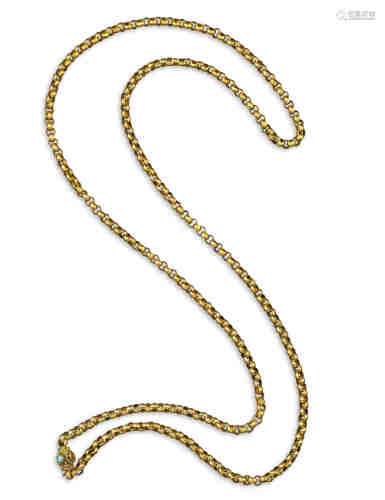 A Regency gold longuard chain, the small circular links decorated with pellets and scrolls, the