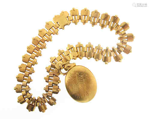 A Victorian gold collar necklace and locket, the fancy-link gold neck chain suspends an oval