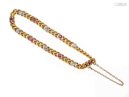 A French yellow gold curb-link bracelet, alternately-set with circular-cut rubies and diamonds in