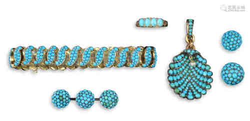 An early Victorian turquoise suite, including a gold expanding bracelet with S-form links, a pair of