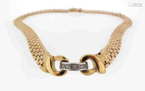 An Italian brick-link collar necklace, the central section set with round brilliant-cut diamonds