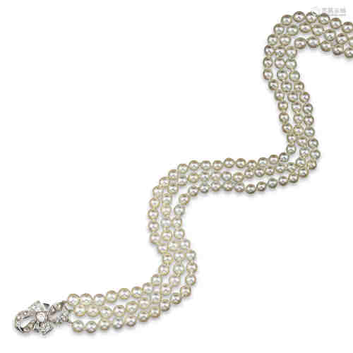 A cultured pearl and diamond necklace, the three-row cultured pearl necklace with diamond set bow
