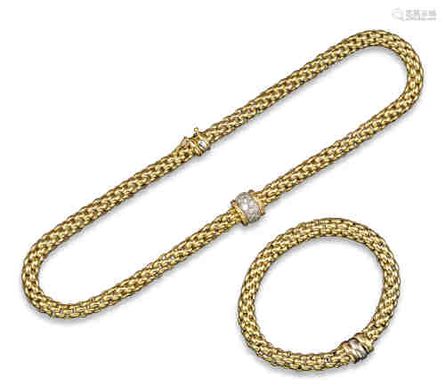 An Italian fancy-link three-colour gold necklace and expanding bracelet by FOPE, the necklace with a