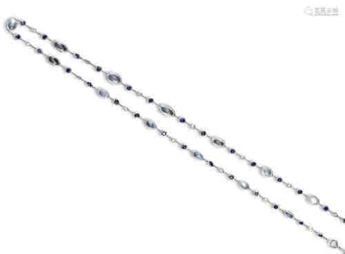 A long sapphire diamond and moonstone chain, alternately-set with cabochon moonstones, diamonds