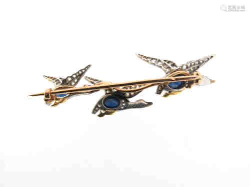 A French 19th century sapphire, diamond and enamel duck brooch, the realistically designed flying