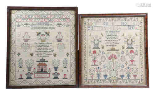 Two George IV needlework samplers by the Leighton sisters, one by Margaret, worked with an