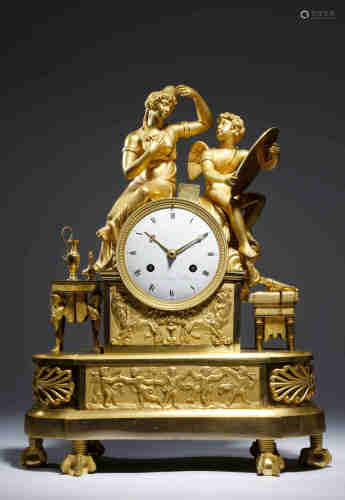 An Empire ormolu mantel clock by Beijar, the eight day brass cased drum movement, with an outside