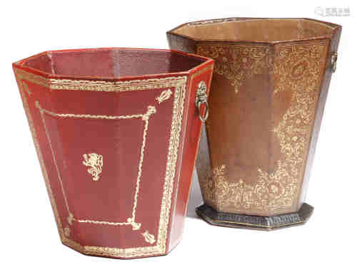 Two leather waste paper bins, each of faceted tapering shape, with gilt tooled decoration, both with