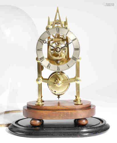 λ A Victorian brass skeleton clock, the single fusee movement with six turned pillars and an anchor