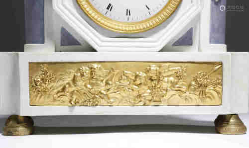 A Louis XVI Sevres biscuit porcelain mantel clock, the eight day brass cased drum movement with an