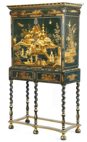A late 17th century style green japanned escritoire on stand, decorated in gilt with chinoiserie,