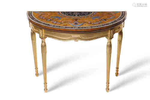 A George III painted satinwood demi-lune card table in the manner of George Brookshaw, the hinged