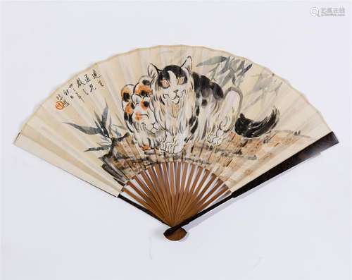 CHINESE FAN PAINTING OF CAT AND BAMBOO WITH CALLIGRAPHY