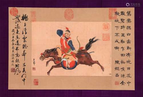 CHINESE SCROLL PAINTING OF WARRIOR WITH CALLIGRAPHY