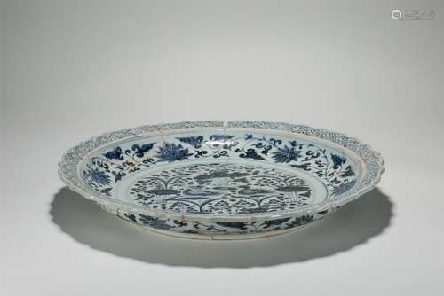 LARGE CHINESE PORCELAIN BLUE AND WHITE BIRD AND FLOWER