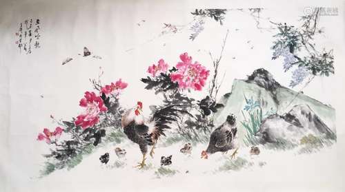 CHINESE SCROLL PAINTING OF ROOSTER AND FLOWER