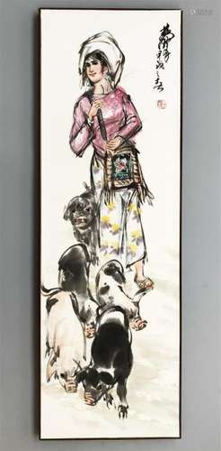 CHINESE SCROLL PAINTING OF GIRL AND PIGS