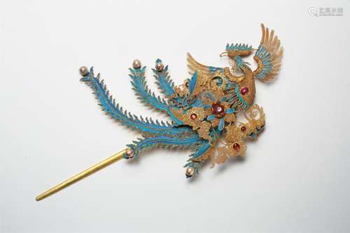 CHINESE PURE GOLD KINGFISH FEATHER PHOENIX HAIR PIN