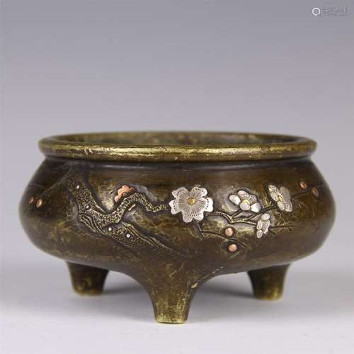 CHINESE SILVER INLAID BRONZE ROUND CENSER