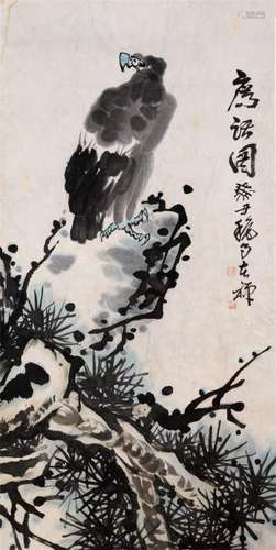 CHINESE SCROLL PAINTING OF EAGLE ON ROCK WITH