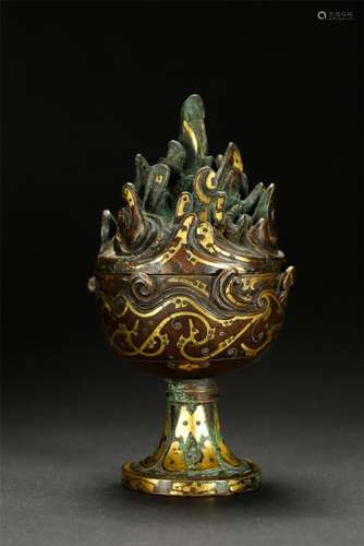 CHINESE GOLD INLAID BRONZE BOSHAN INCENSE CAGE HAN