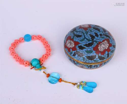 CHINESE CLOISONNE BOX AND CORAL BEAD BRACELET