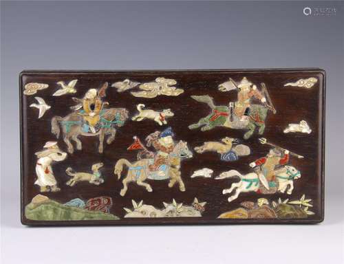 CHINESE GEM STONE INLAID HARDWOOD ZITAN BOX