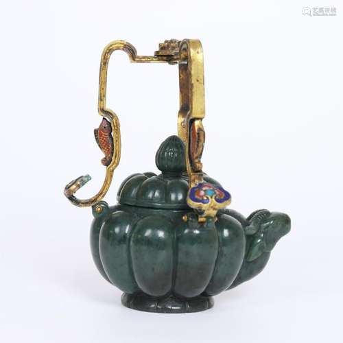 CHINESE SPINACH JADE GILT BRONZE HANDLE TEA POT