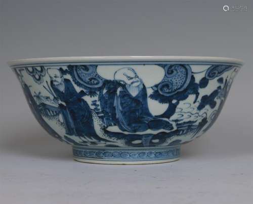 CHINESE PORCELAIN BLUE AND WHITE EIGHT IMMORTALS BOWL