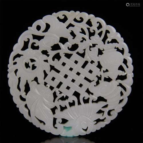 CHINESE WHITE JADE CARVED ROUND PLAQUE