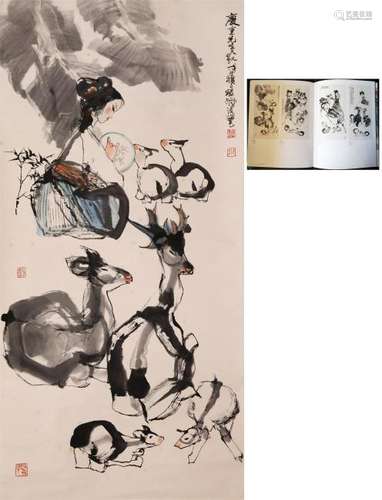 CHINESE SCROLL PAINTING OF GIRL AND DEER WITH