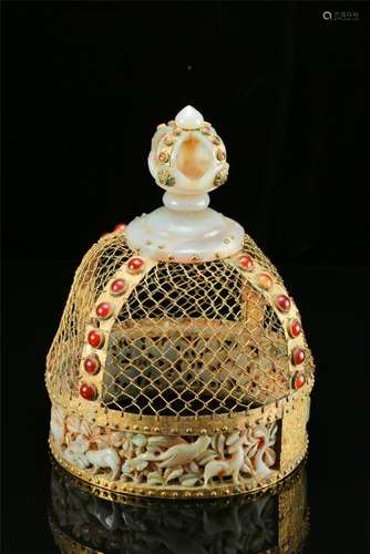 CHINESE AGATE JADE INLAID GILT BRONZE OFFICIAL'S HAT