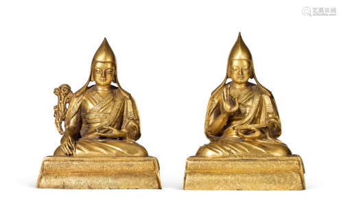 清乾隆 铜鎏金班禅、达赖上师像 （两件）