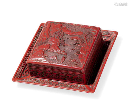 清 剔红山水人物故事图盖盒、托盘 （一套两件）