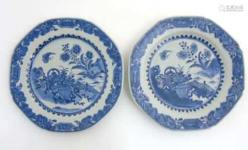 Two Chinese blue and white octagonal plates with canted corners,