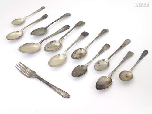 Assorted 19thC and 20th silver teaspoons together with a small 4 tine fork.