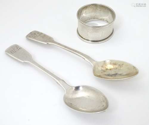 A pair of Victorian silver fiddle pattern teaspoons hallmarked Sheffield 1840 maker Patrick Leonard