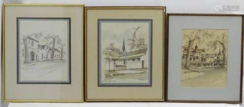 Don Adair (1948) South African, Pen ink and watercolours x 3 , 'Ou Huise Stellenbosch ' ,