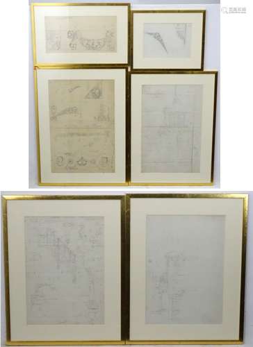 Architect / Engineers Detailed drawings, 6 x pencil designs for Lambeth Palace library, 1893,