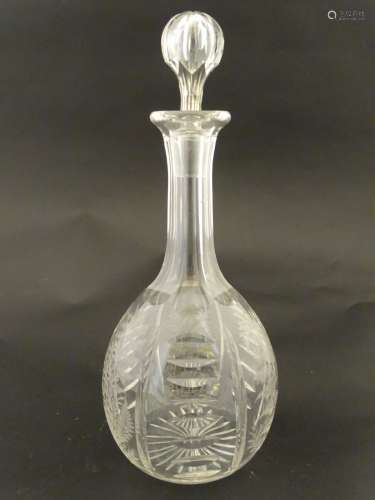 Victorian Glass : a Victorian ' Fernware ' decorated decanter with stopper having a star cut