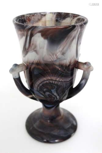 Glass : a North Country(Davidson ) pedestal cup with three handles and impressed bulrush decoration