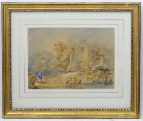 David Cox 1845, Watercolour, Figures and arched ruins, Signed and dated lower left.