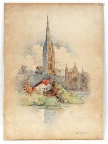 D Brown XIX-XX, Watercolour, A cathedral , possibly Norwich, Signed lower.