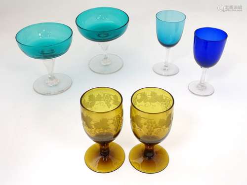 Various coloured wine glasses : 6 assorted coloured glasses ,