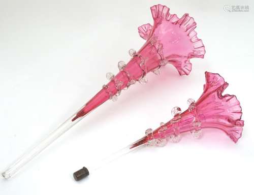 Cranberry Glass : two Cranberry glass flutes / Eperne trumpets ,