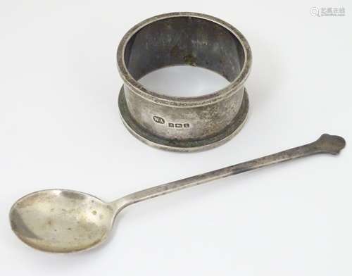 A silver napkin ring hallmarked Birmingham 1918 maker William Aitken together with a preserve spoon