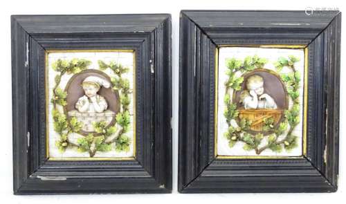A pair of framed Continental porcelain relief plaques,
