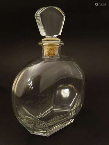 An ornate 20thC clear glass decanter with cork and shaped glass stopper ,