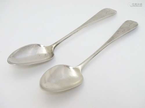 A pair of 19thC Scottish silver Celtic point tablespoons with engraved armorial and motto 'Pro Rege