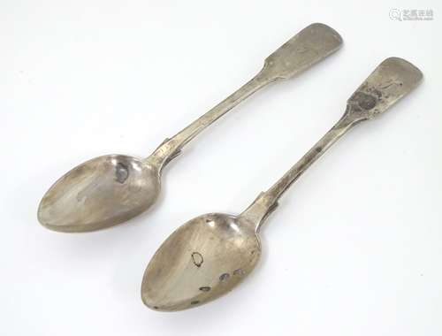 A pair of Fiddle pattern silver teaspoons hallmarked Edinburgh 1870 maker George Sangster with